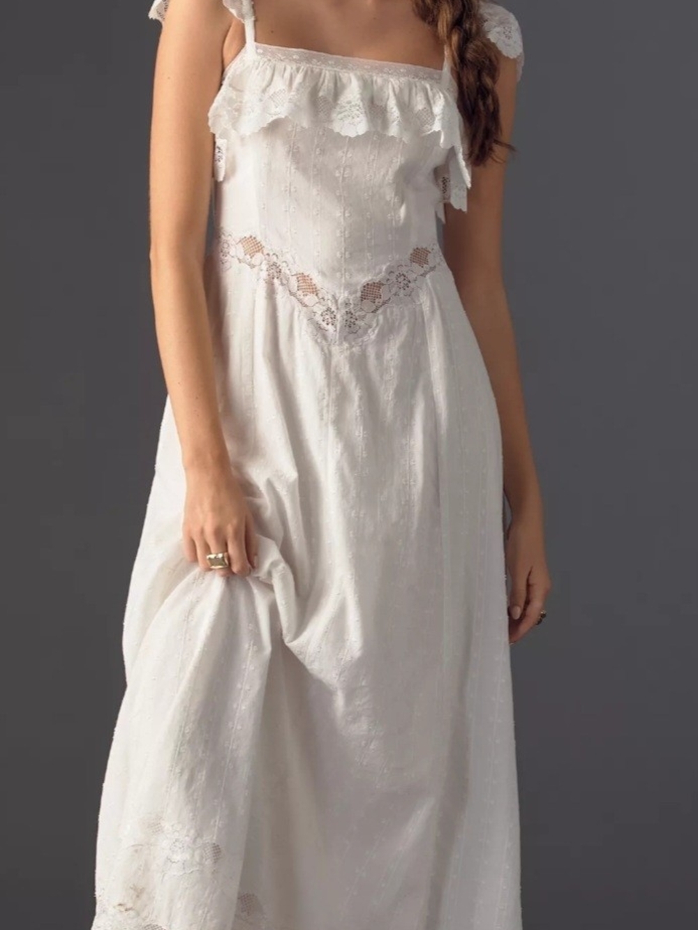 Lace-Trim White Maxi Dress with Ruffled Yoke